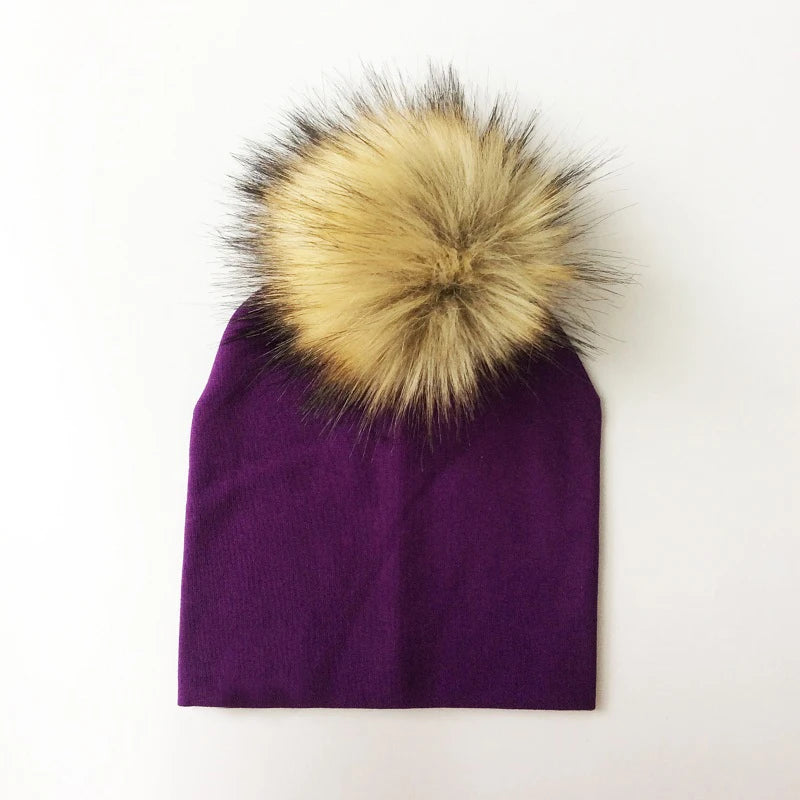 Autumn & Winter Kids Beanie with Faux Raccoon Fur Pom-Pom