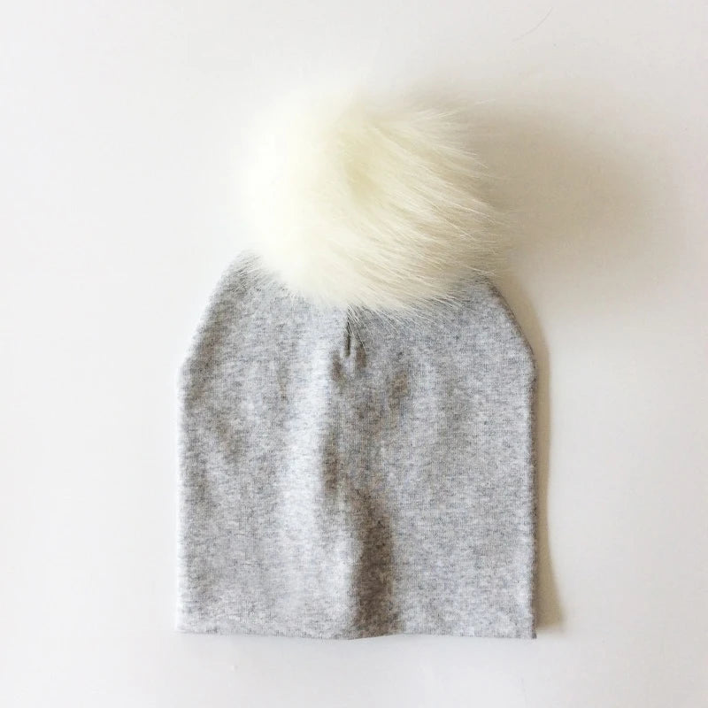 Autumn & Winter Kids Beanie with Faux Raccoon Fur Pom-Pom