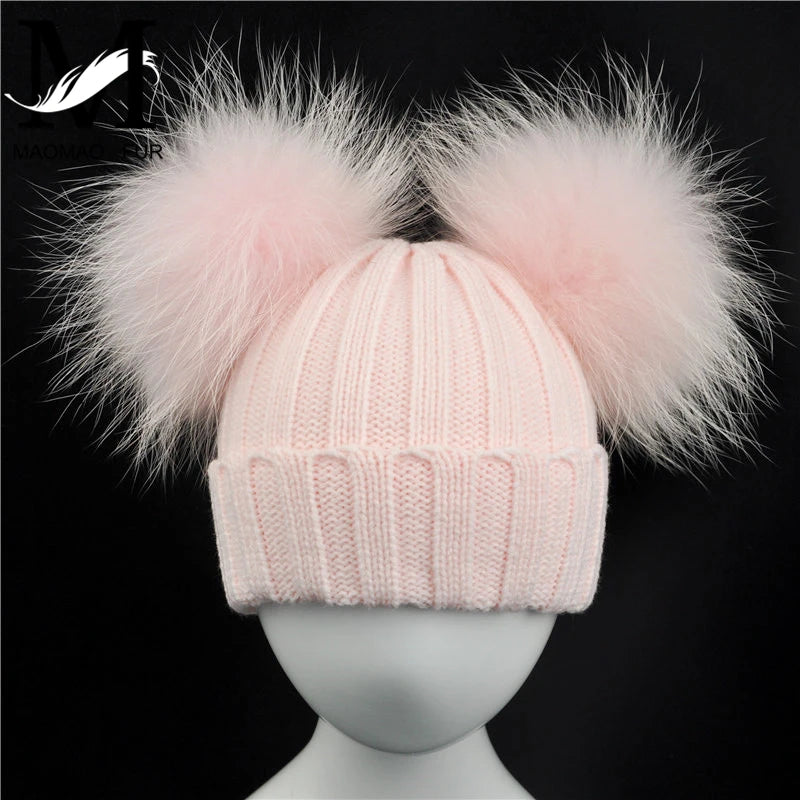 Winter Baby Knit Hat – Double Fur Pom Pom Beanie for Boys & Girls.