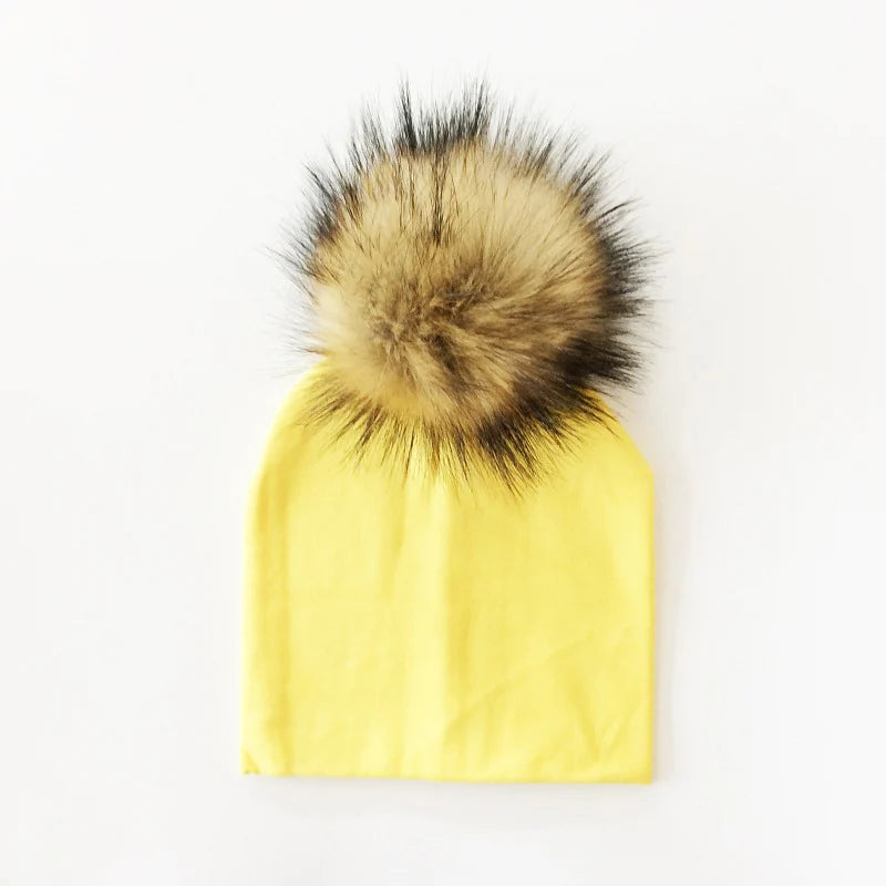 Autumn & Winter Kids Beanie with Faux Raccoon Fur Pom-Pom