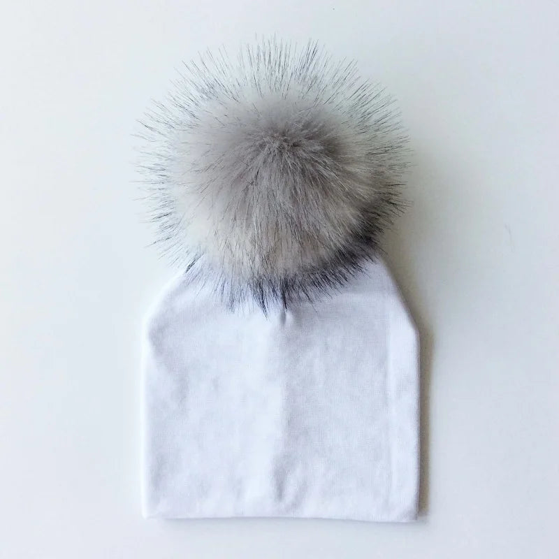 Autumn & Winter Kids Beanie with Faux Raccoon Fur Pom-Pom