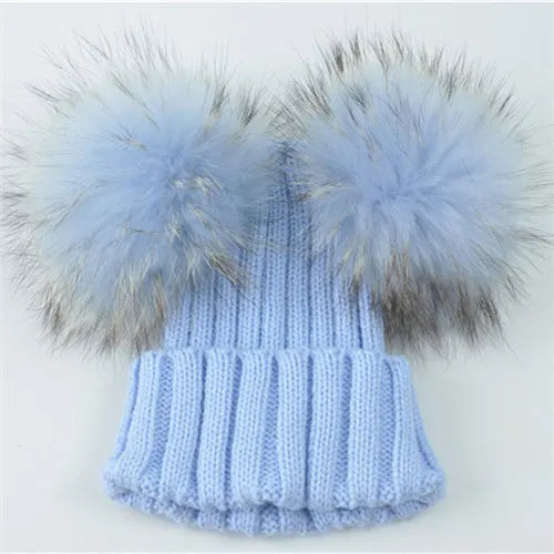 Winter Baby Knit Hat – Double Fur Pom Pom Beanie for Boys & Girls.