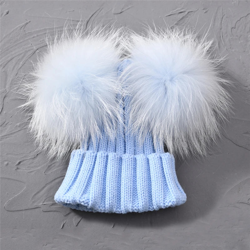 Winter Baby Knit Hat – Double Fur Pom Pom Beanie for Boys & Girls.