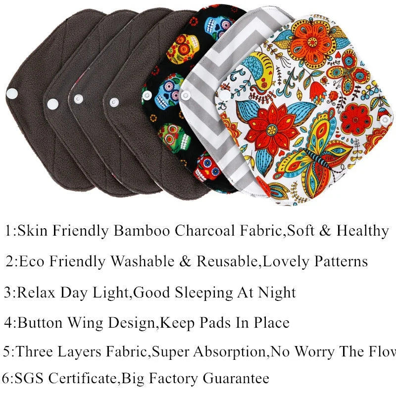 10PCS Reusable Bamboo Charcoal Sanitary Pads - Washable Cotton Menstrual Pads