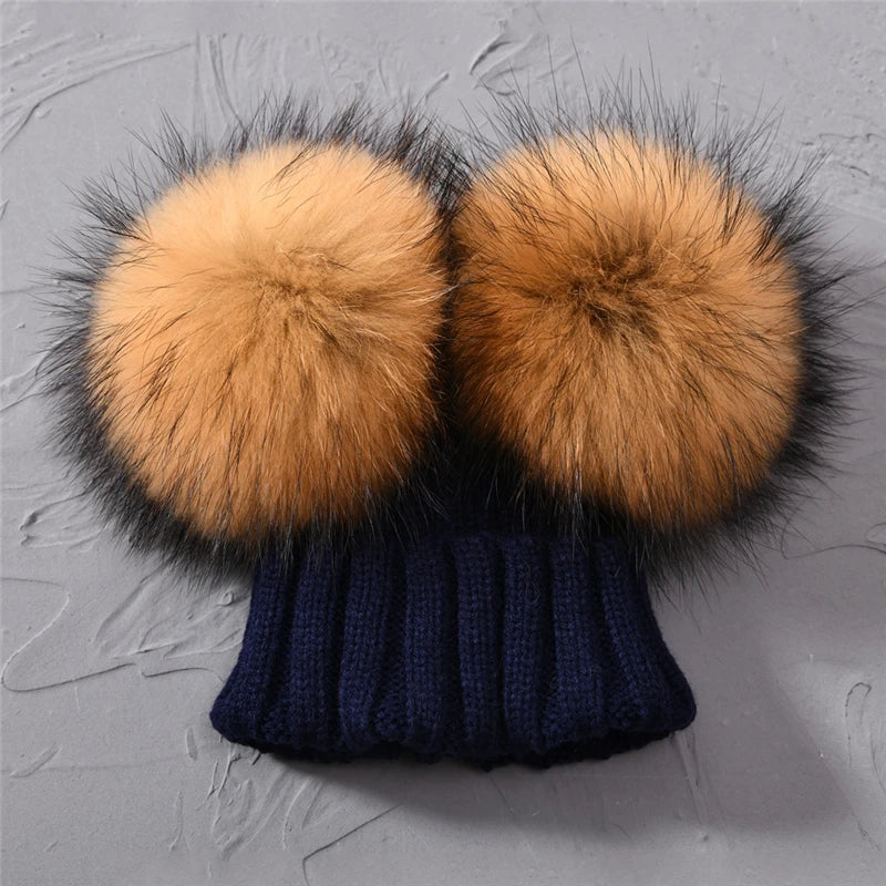 Winter Baby Knit Hat – Double Fur Pom Pom Beanie for Boys & Girls.