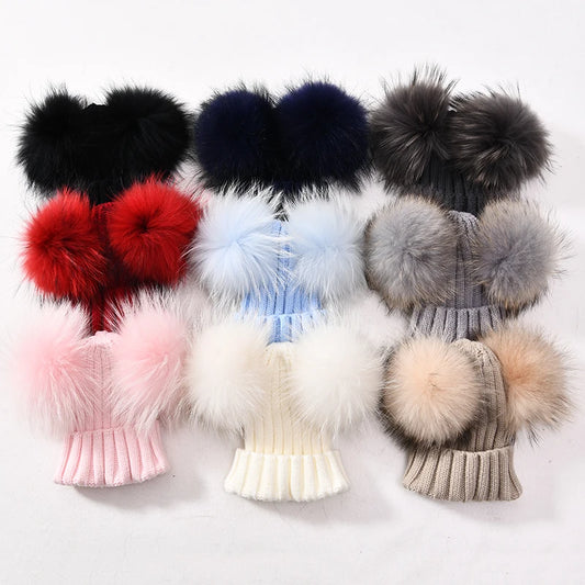 Winter Baby Knit Hat – Double Fur Pom Pom Beanie for Boys & Girls.