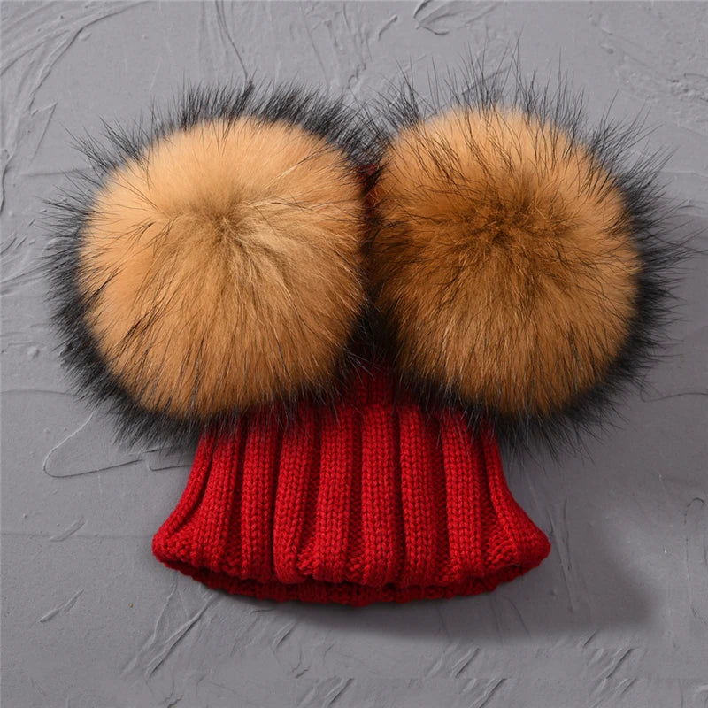 Winter Baby Knit Hat – Double Fur Pom Pom Beanie for Boys & Girls.