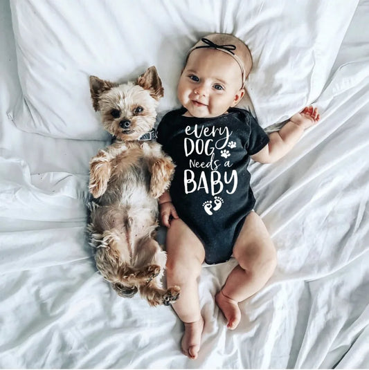 0-24M Baby Romper – "Every Dog Needs a Baby" Short-Sleeve Outfit