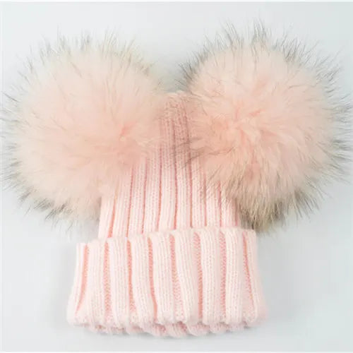 Winter Baby Knit Hat – Double Fur Pom Pom Beanie for Boys & Girls.