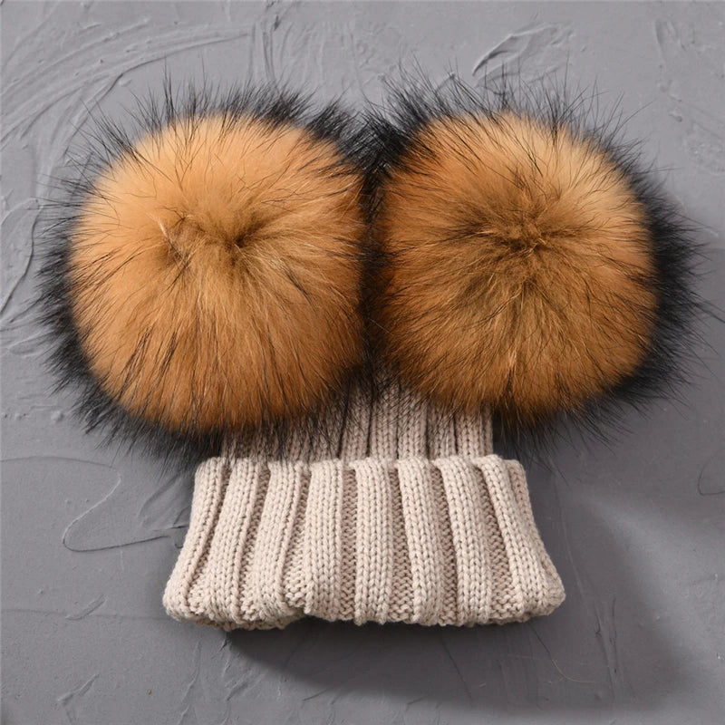 Winter Baby Knit Hat – Double Fur Pom Pom Beanie for Boys & Girls.