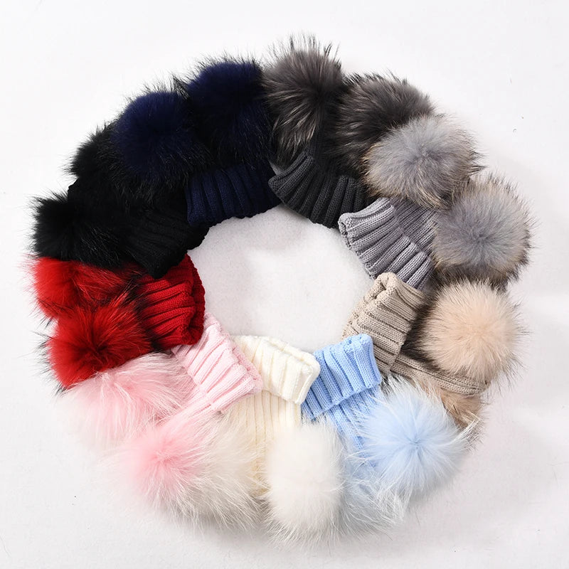 Winter Baby Knit Hat – Double Fur Pom Pom Beanie for Boys & Girls.