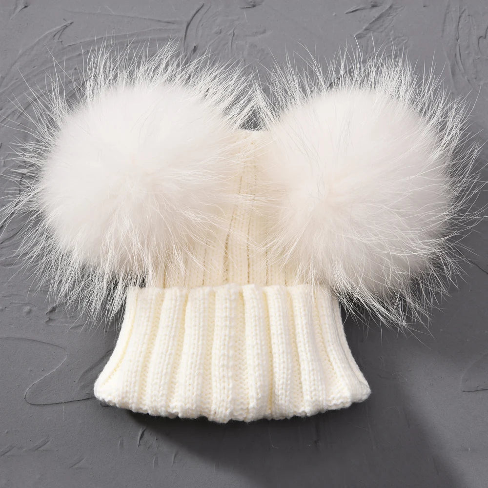 Winter Baby Knit Hat – Double Fur Pom Pom Beanie for Boys & Girls.