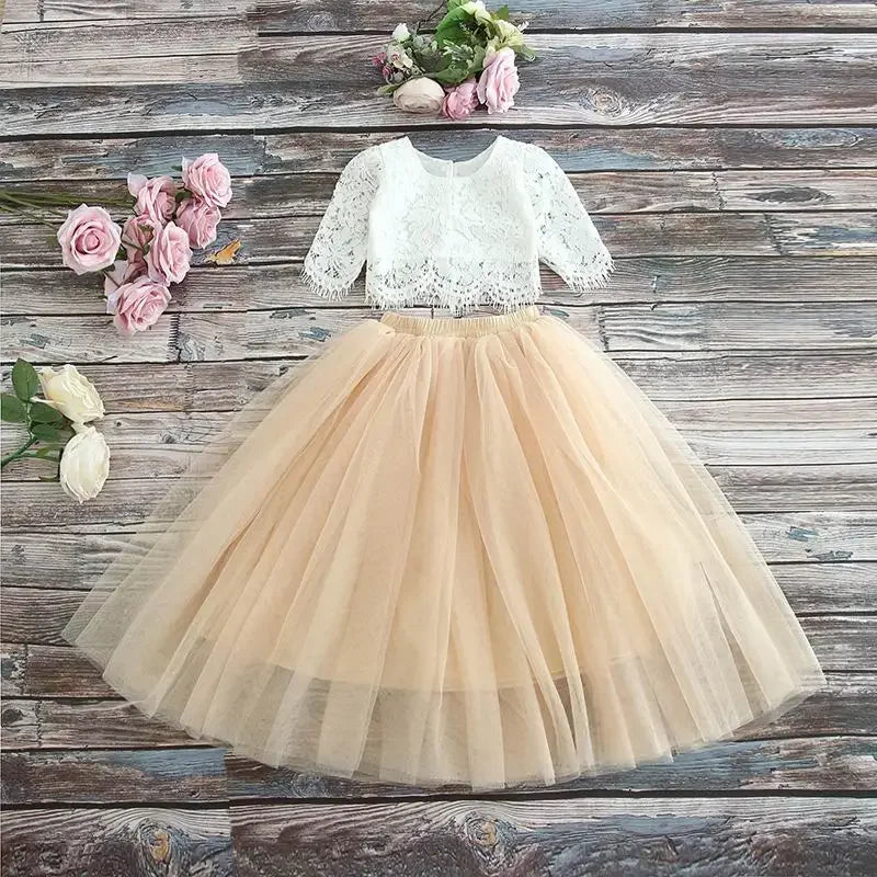 Spring Summer Girls' Lace Top & Champagne Pink Skirt Set (2-11Y)