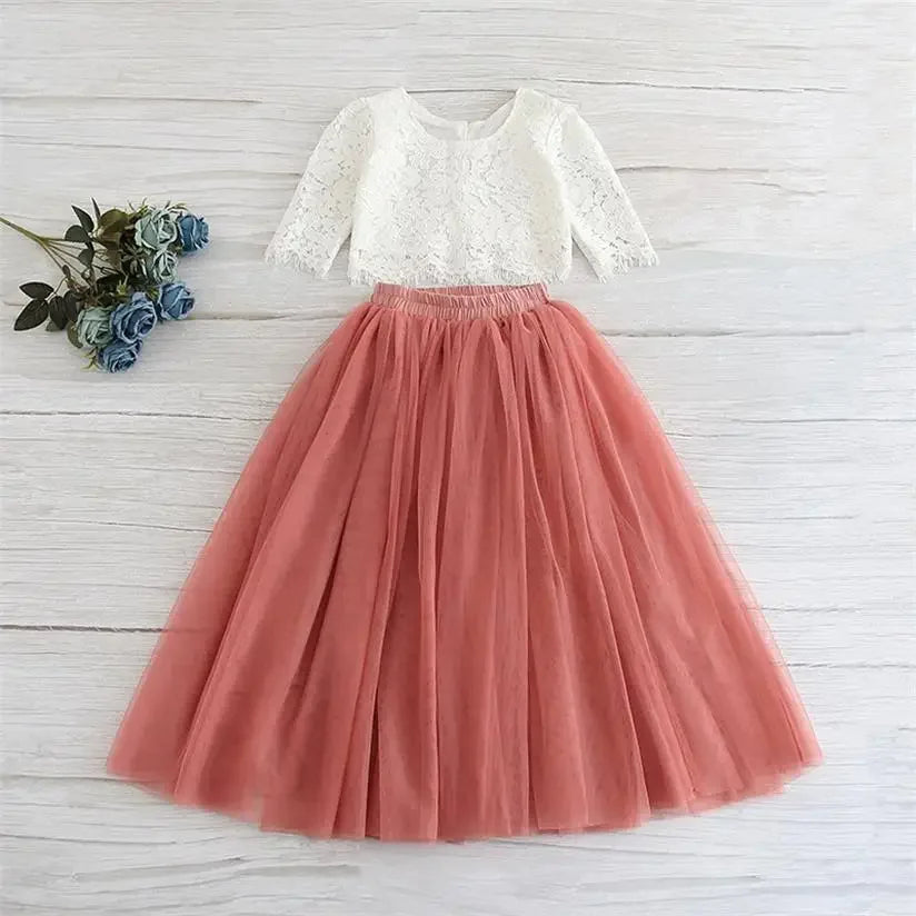 Spring Summer Girls' Lace Top & Champagne Pink Skirt Set (2-11Y)