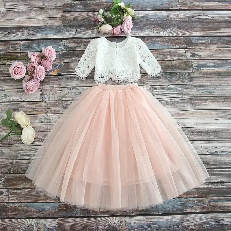 Spring Summer Girls' Lace Top & Champagne Pink Skirt Set (2-11Y)