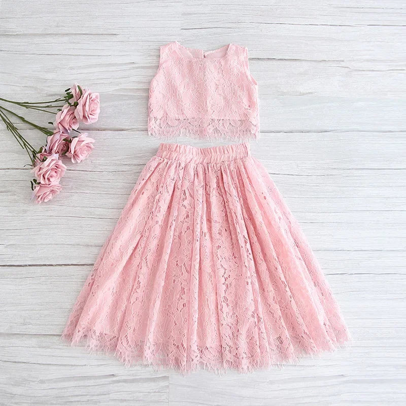 Spring Summer Girls' Lace Top & Champagne Pink Skirt Set (2-11Y)