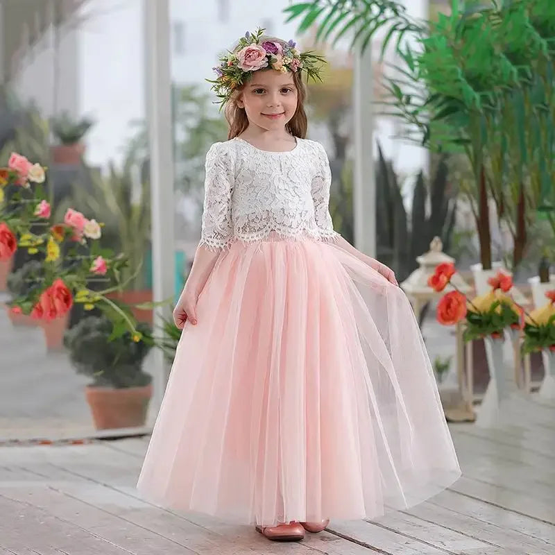 Spring Summer Girls' Lace Top & Champagne Pink Skirt Set (2-11Y)