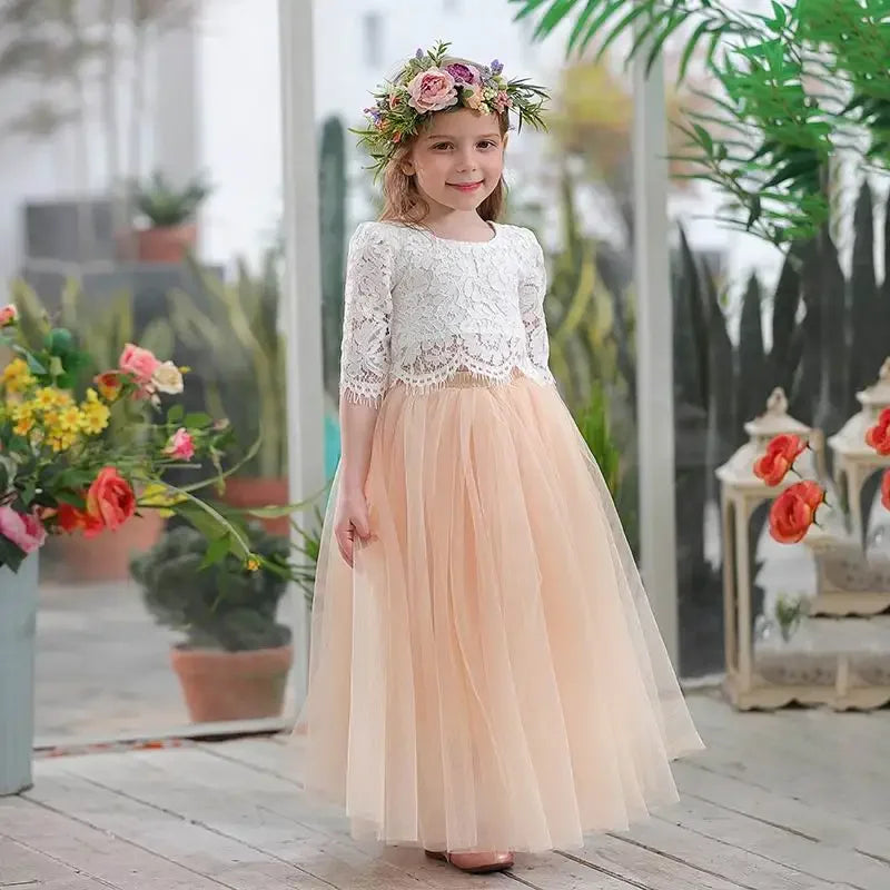 Spring Summer Girls' Lace Top & Champagne Pink Skirt Set (2-11Y)