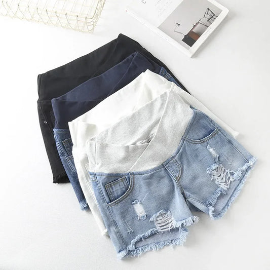 Pregnant Women's Low-Waisted Denim Shorts - Summer Maternity Wear